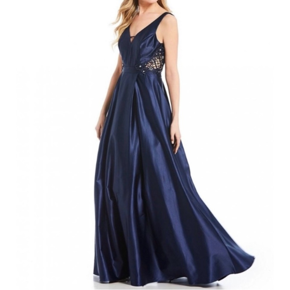 Navy satin Jodi Kristopher prom dress size 3